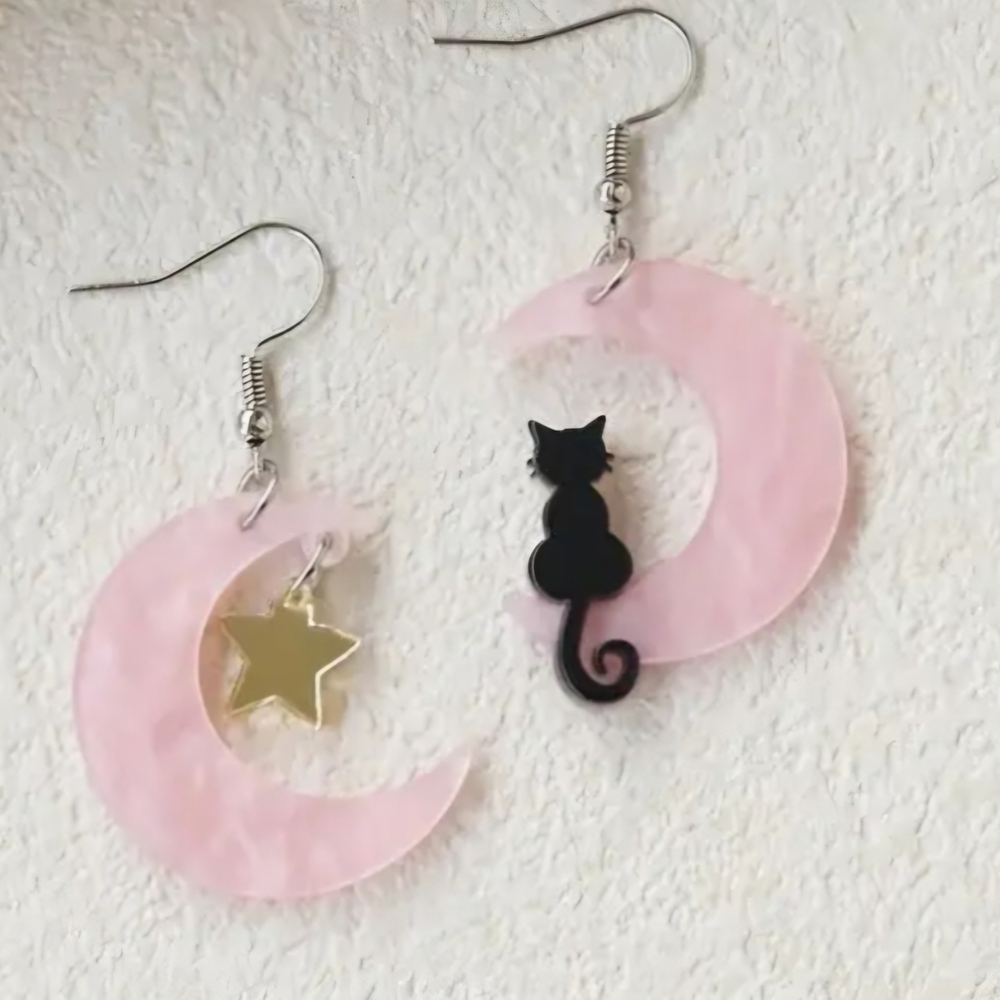 Pink Crescent Moon Earrings with Cat and Star